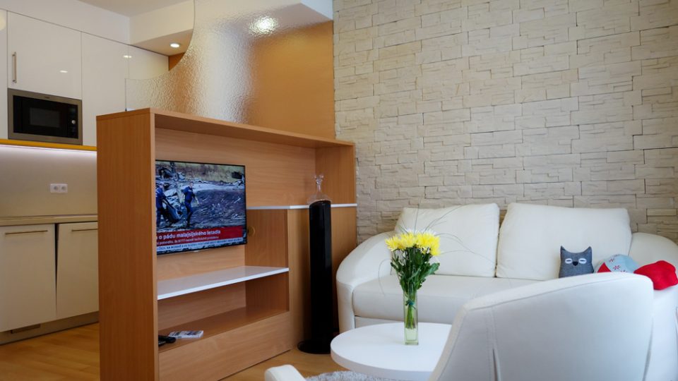 Televizi můžeme umístit do nižší skříňky, která zároveň slouží jako skladovací prostor