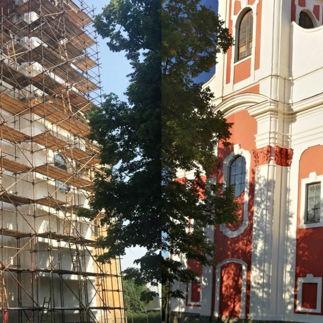 Kostel sv. Anny v Sedleci před a po opravě fasády | foto: Český rozhlas Karlovy Vary