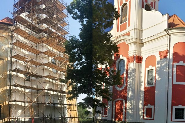 Kostel sv. Anny v Sedleci před a po opravě fasády | foto: Český rozhlas Karlovy Vary